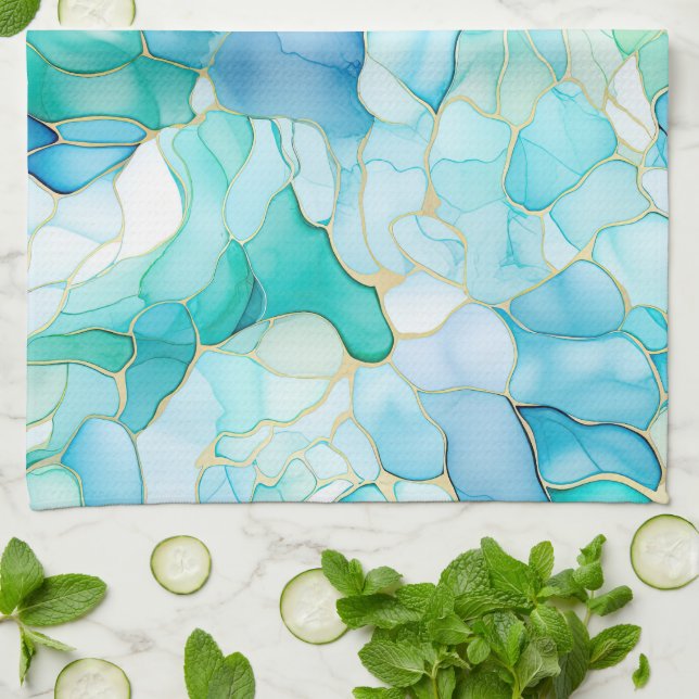 Paño De Cocina Mint Aqua Pearl Gold Marble (Doblado)