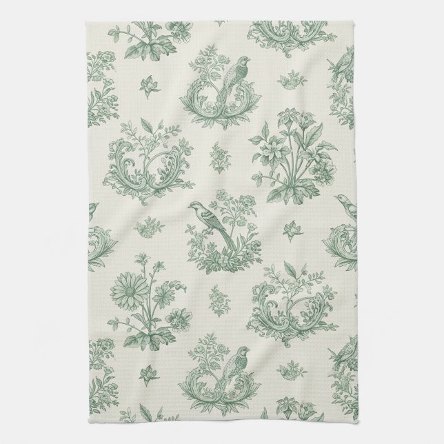 Paño De Cocina Mint Green French Country Birds and Floral Toile 4 (Vertical)