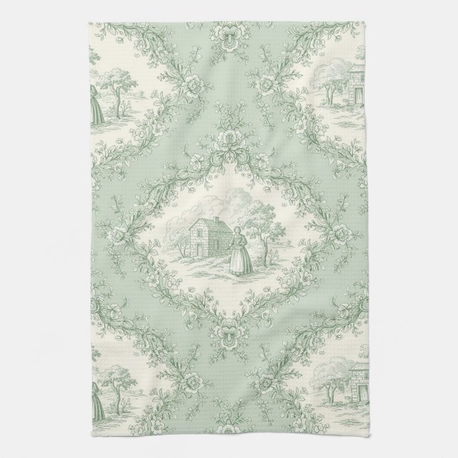 Paño De Cocina Mint Green French Country Floral Toile - Farmhouse (Vertical)