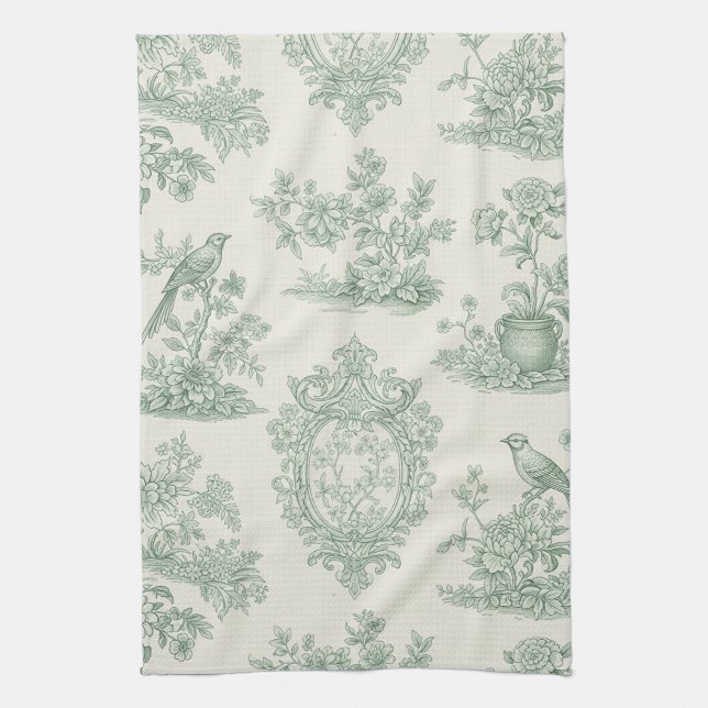 Paño De Cocina Mint Green Toile Floral and Bird Pattern (Vertical)