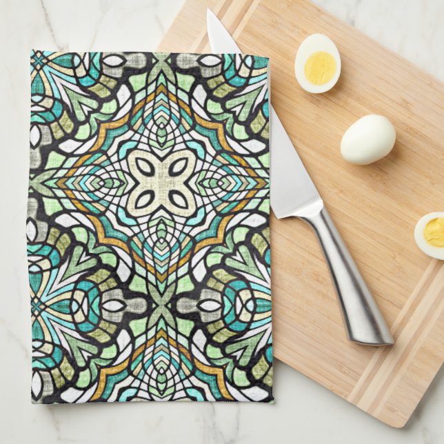 Paño De Cocina Mint Green Turquoise Hip Bohemian Motif de Arte de (Doblado Cuarto)