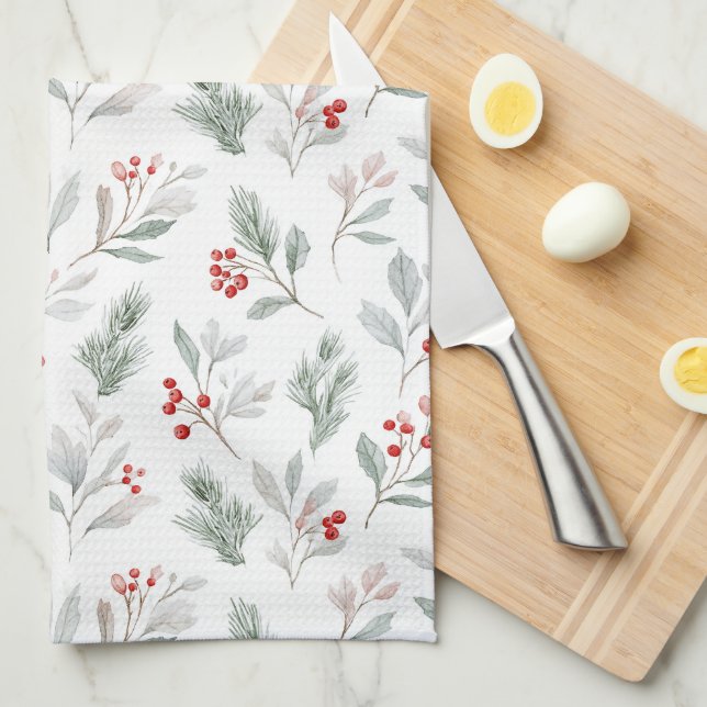 Paño De Cocina Mistletoe and Holly Berries Pattern (Doblado Cuarto)