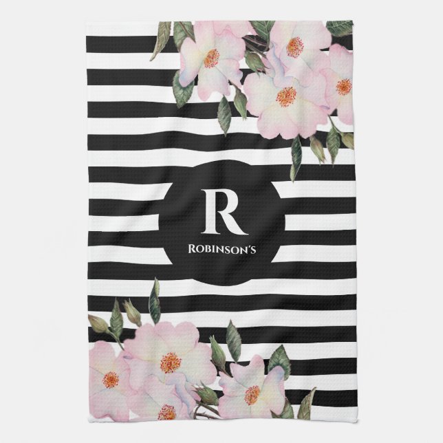 Paño De Cocina Moda acuarela moderna Rasas rosas rosadas Monogram (Vertical)