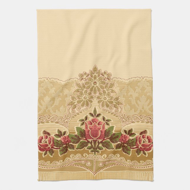 Paño De Cocina Moda Art Nouveau Oro y Floral Roja (Vertical)
