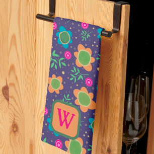 Paño De Cocina Moda Azul Floral Colorido Monograma inicial