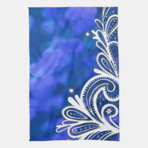 Paño De Cocina Moda bohemiana azul floral encaje blanco