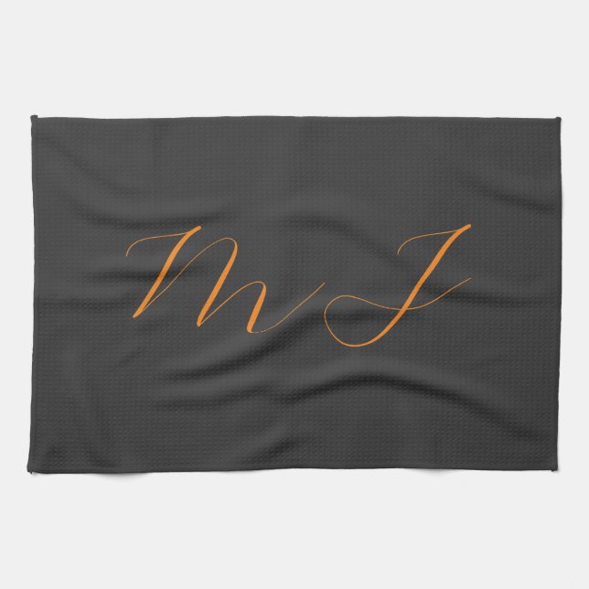 Paño De Cocina Moda caligrafía naranja gris monograma nombre inic (Horizontal)