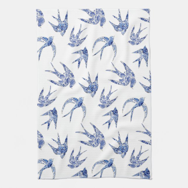 Paño De Cocina Moda Chinoiserie Ave traga Mosaico Azul y Blanco (Vertical)