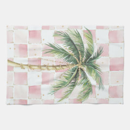 Paño De Cocina Moda Cuadrados blancos rosados Palm Tree dorada
