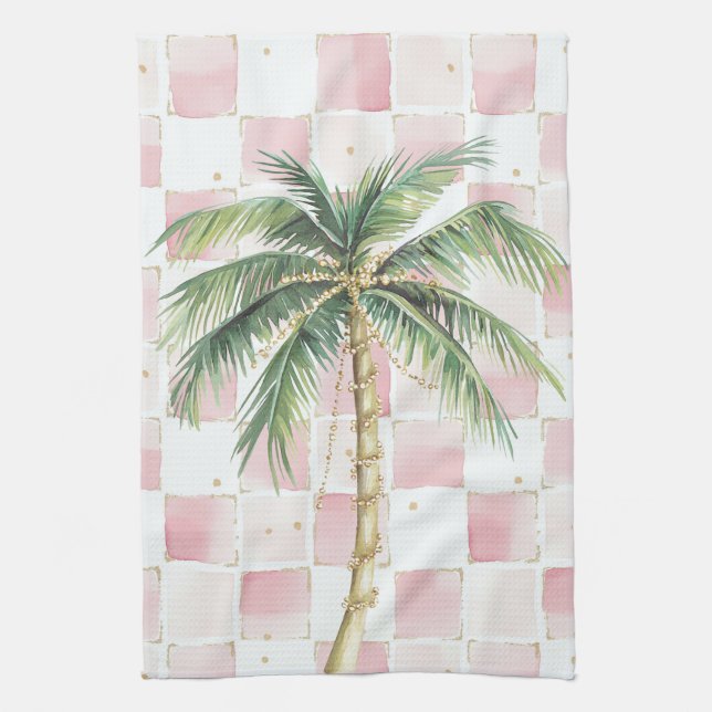 Paño De Cocina Moda Cuadrados blancos rosados Palm Tree dorada (Vertical)