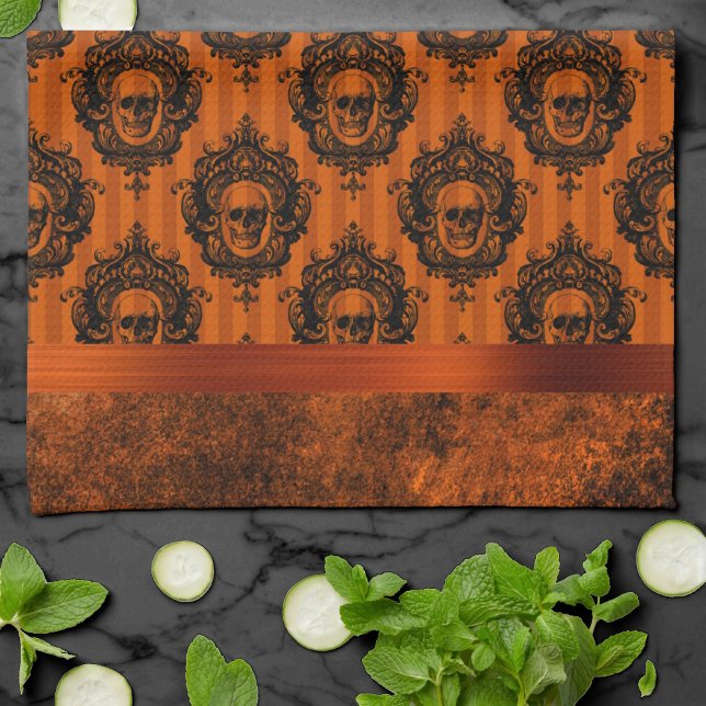 Paño De Cocina Moda gótica de Halloween | Naranja y cráneo negro (Subido por el creador)
