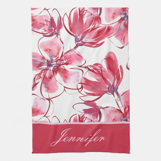 Paño De Cocina Moda moderna Red Tropical Floral Nombre personaliz (Vertical)