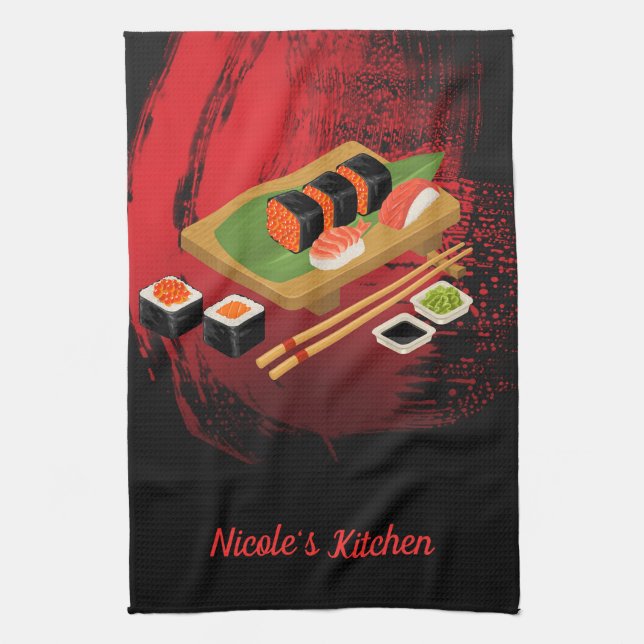 Paño De Cocina Moda Moderno Elegante Sushi Negro y Rojo (Vertical)