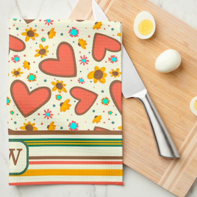 Paño De Cocina Moda Patrón floral cardíaco Monograma inicial (Subido por el creador)