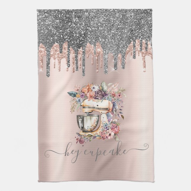 Paño De Cocina Moda Purpurina Plata Perfora Mezclador Floral Rosa (Vertical)