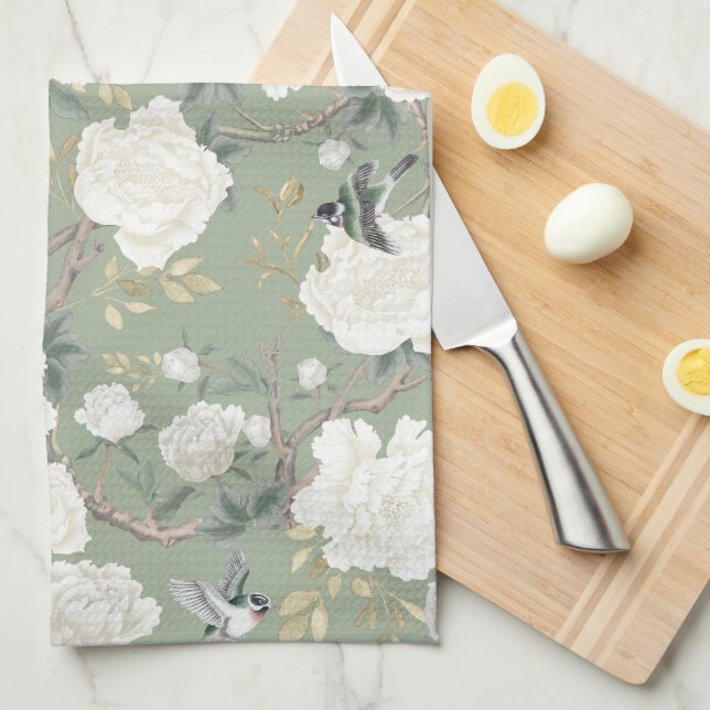 Paño De Cocina Moda Sage Green Chinoiserie Porcelana Floral (Doblado Cuarto)