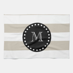 Paño De Cocina Modelo blanco beige de las rayas, monograma negro