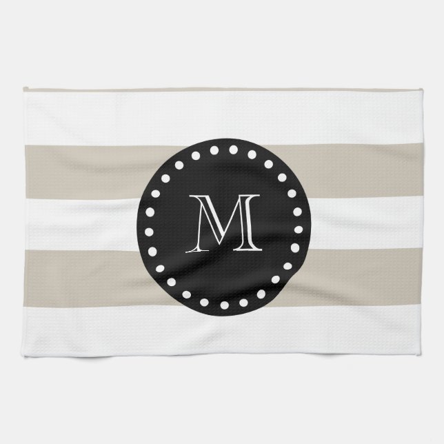 Paño De Cocina Modelo blanco beige de las rayas, monograma negro (Horizontal)