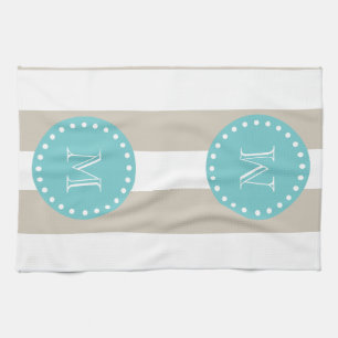 Paño De Cocina Modelo blanco beige de las rayas, monograma verde