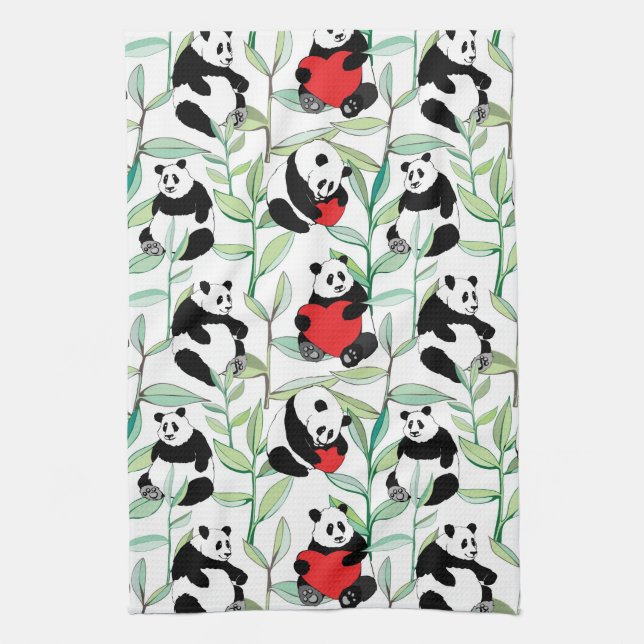Paño De Cocina modelo con las pandas preciosas con los corazones (Vertical)