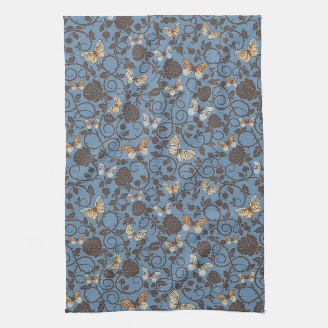 Paño De Cocina modelo con los rosas y la mariposa (Vertical)