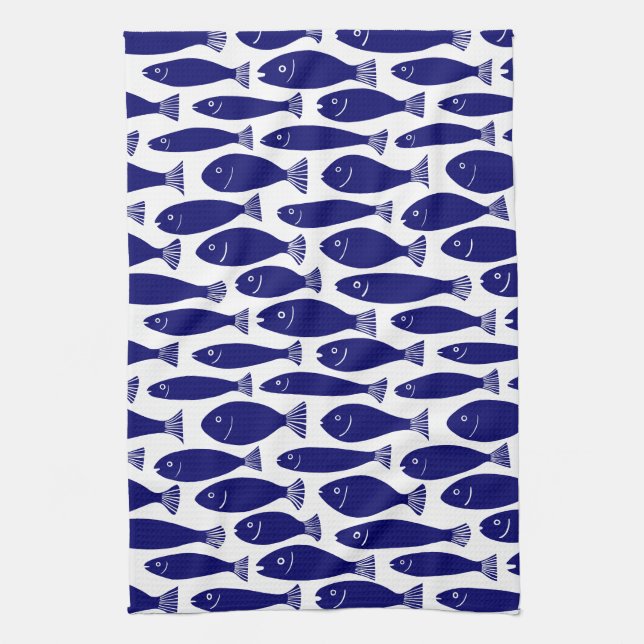 Paño De Cocina Modelo de los pescados - azul marino en blanco (Vertical)