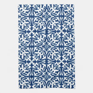 Paño De Cocina Modelo del damasco de Ikat - azul y blanco de