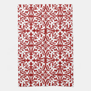 Paño De Cocina Modelo del damasco de Ikat - rojo oscuro y blanco
