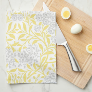Paño De Cocina Modelo floral gris amarillo del damasco