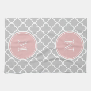 Paño De Cocina Modelo gris de Quatrefoil, monograma rosado
