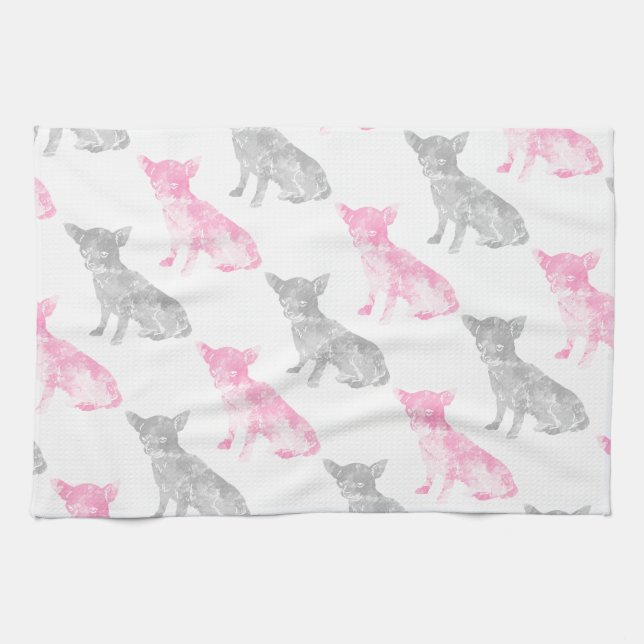 Paño De Cocina Modelo gris rosado femenino lindo de la chihuahua (Horizontal)