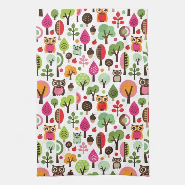 Paño De Cocina modelo retro del búho del árbol rosado de la hoja (Vertical)