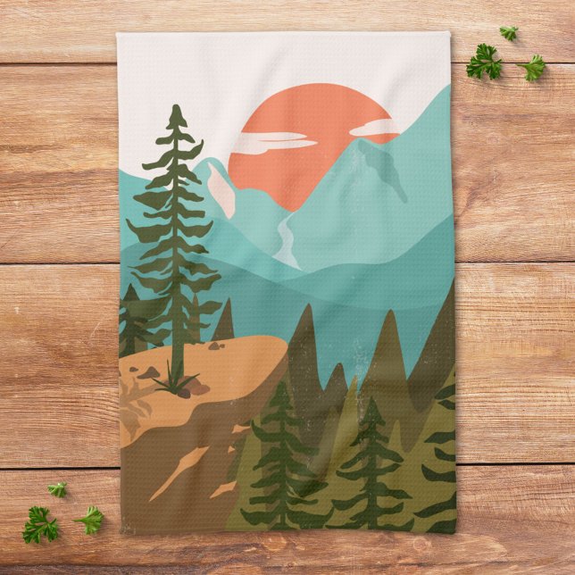 Paño De Cocina Modern Abstract Forest, Mountains, and Sunrise (In siitu)