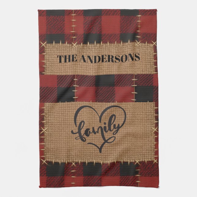 Paño De Cocina Modern Christmas Family Name Red Buffalo Plaid  (Vertical)