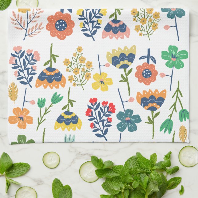 Paño De Cocina Modern cute botanical pattern Pink Blue yellow (Doblado)