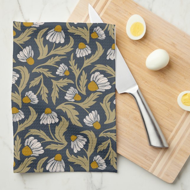 Paño De Cocina Modern Floral Navy Blue Coneflower Daisy Botanical (Doblado Cuarto)