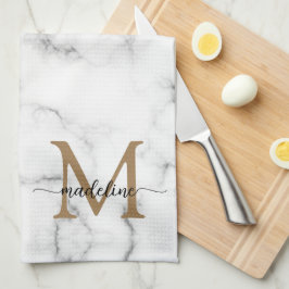 Paño De Cocina Modern Marble Gold Girly Script Monogram