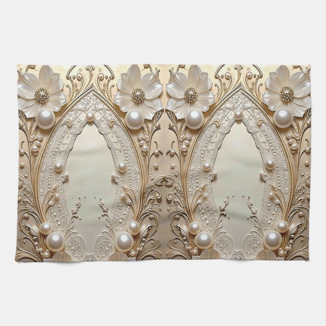 Paño De Cocina Modern White Flowers Pearls Kitchen Towel (Horizontal)