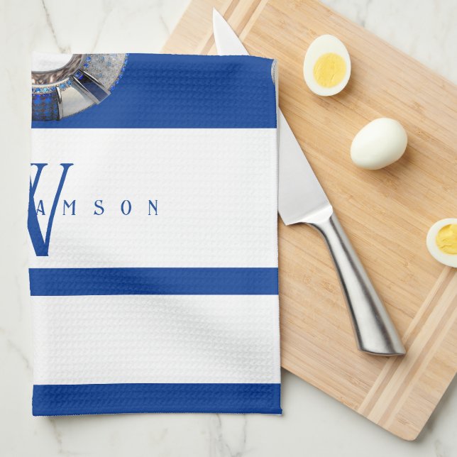 Paño De Cocina Moderna moda Monogramada Náutica Azul y Blanco (Doblado Cuarto)