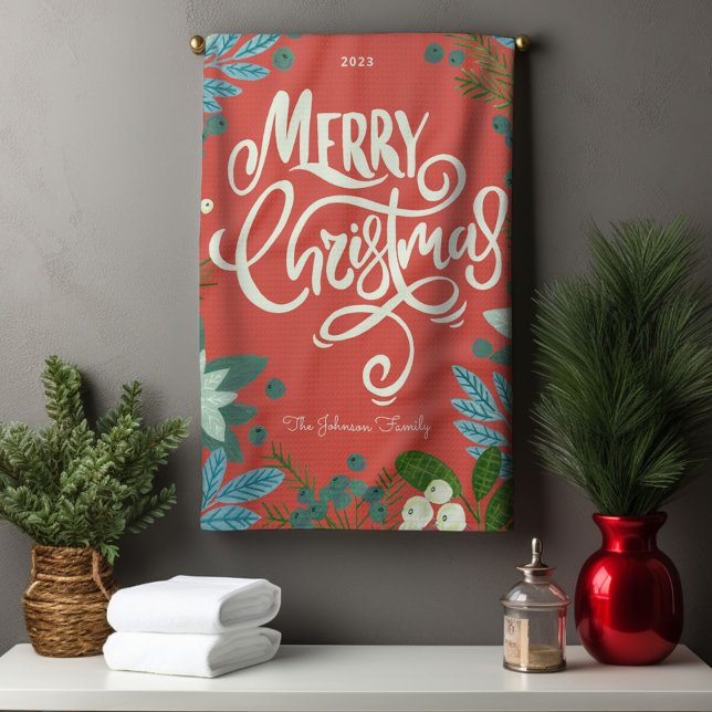 Paño De Cocina Moderna y audaz floral Feliz Navidad (Modern Bold Floral Merry Christmas Kitchen Towel)