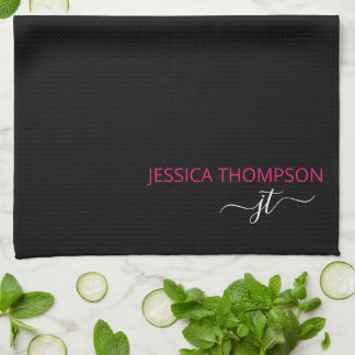 Paño De Cocina Moderno Black Hot Pink Simple Script Monograma Nom