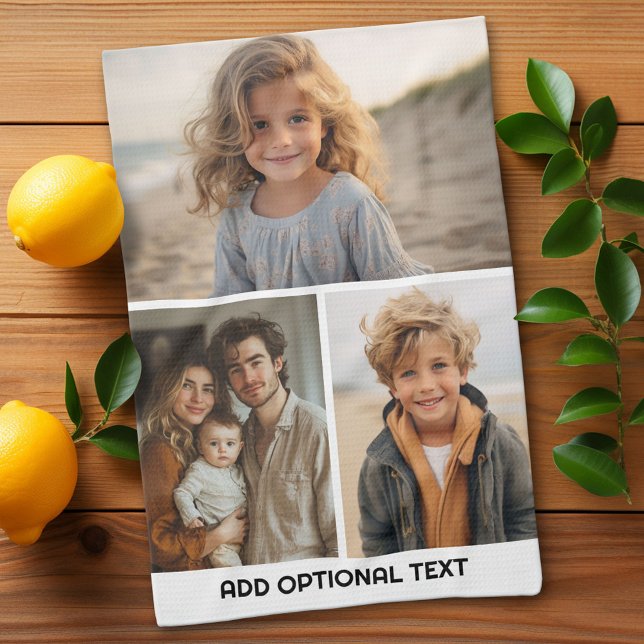 Paño De Cocina Moderno Collage de fotos mínimo de 3 con texto (Custom Kitchen Towel with a Photo Collage)