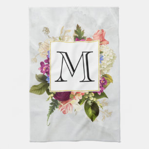 Paño De Cocina Moderno color de agua rosa Floral Bouquet Monogram