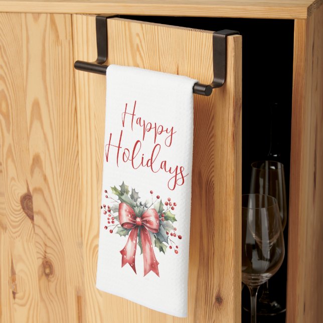 Paño De Cocina Moderno Happy Holidays Script Red Bow (Pliegue de tercios)