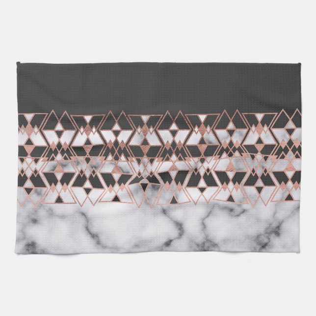 Paño De Cocina Moderno Rosa Oro Negro Mármol Blanco Geométrico (Horizontal)