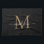 Paño De Cocina Moderno y elegante nombre de guión monograma de or<br><div class="desc">Moderno elegante dorado negro Monograma Script Nombre Toalla de cocina</div>