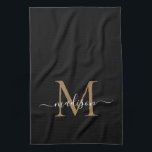 Paño De Cocina Moderno y elegante nombre de guión monograma de or<br><div class="desc">Moderna Elegante Elegante Negro Oro Monograma Script Nombre Toalla de Cocina</div>