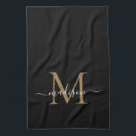 Paño De Cocina Moderno y elegante nombre de guión monograma de or<br><div class="desc">Moderna Elegante Elegante Negro Oro Monograma Script Nombre Toalla de Cocina</div>