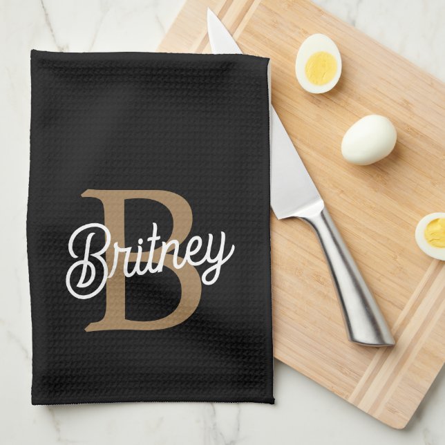 Paño De Cocina Moderno y elegante nombre de monograma Black Gold  (Doblado Cuarto)