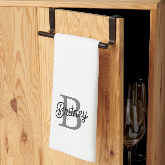 Paño De Cocina Moderno y elegante nombre de monograma guión gris  (Pliegue de tercios)